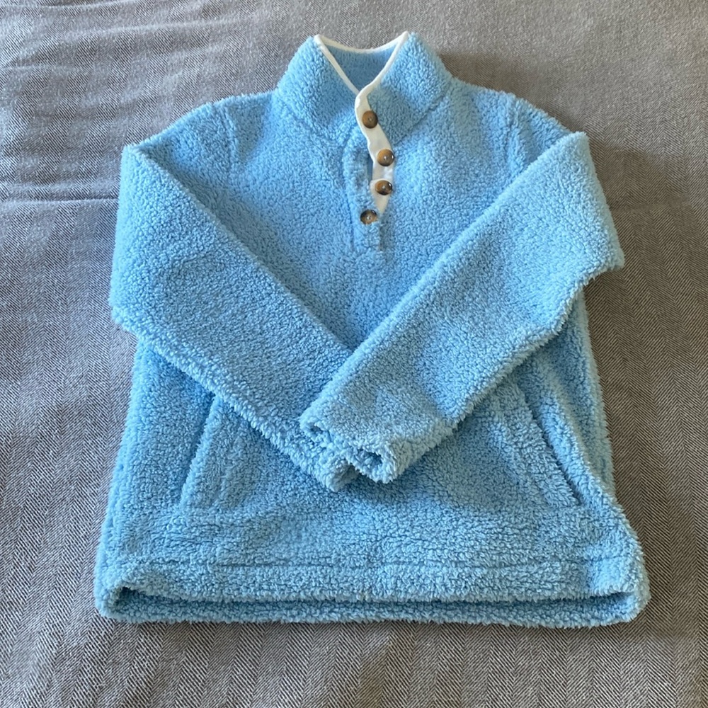 Boden Light Blue Sherpa Pullover with Contrast Button Placket